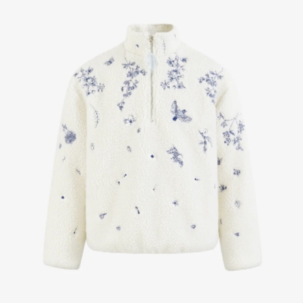 YITAI Fine China Floral Embroidered Sherpa Fleece Sweatshirt Unisex Medium White